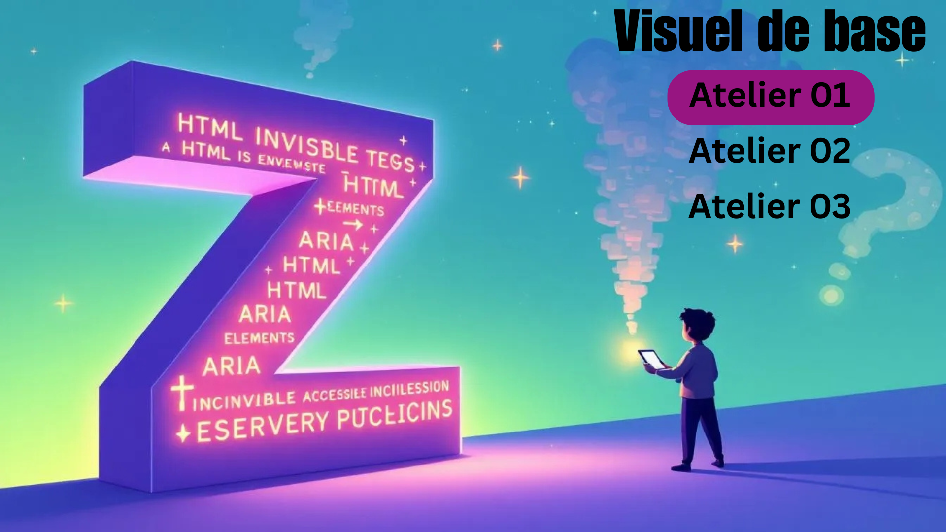 Chiffre 7 violet avec termes techniques d'accessibilité web, personnage avec tablette