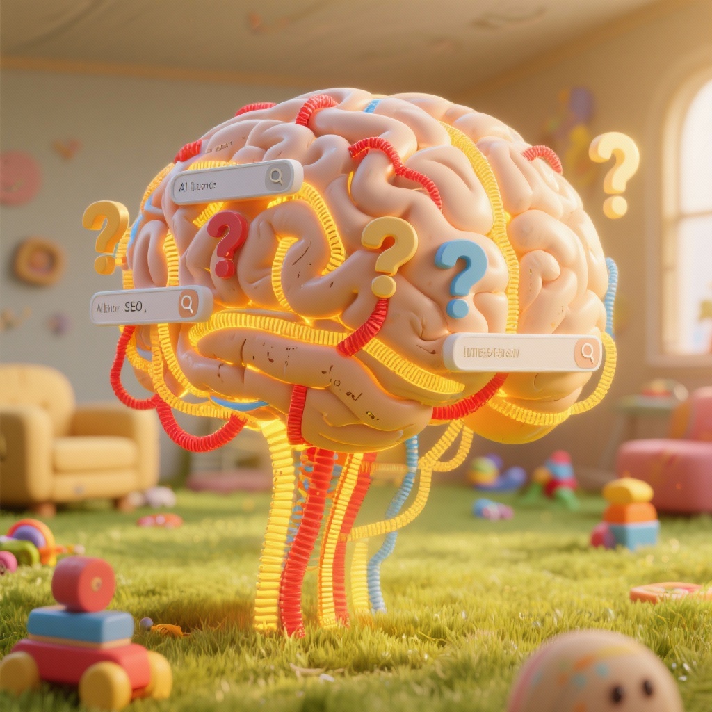 Cerveau connecté à des câbles multicolores avec des barres de recherche flottantes et des points d'interrogation sur une pelouse avec des jouets.