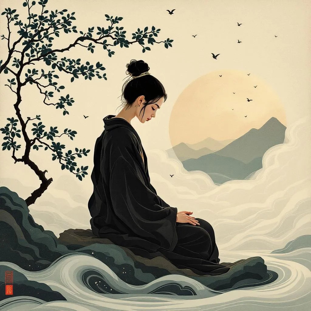 Femme en méditation au bord d'une rivière, nature apaisante, coucher de soleil.